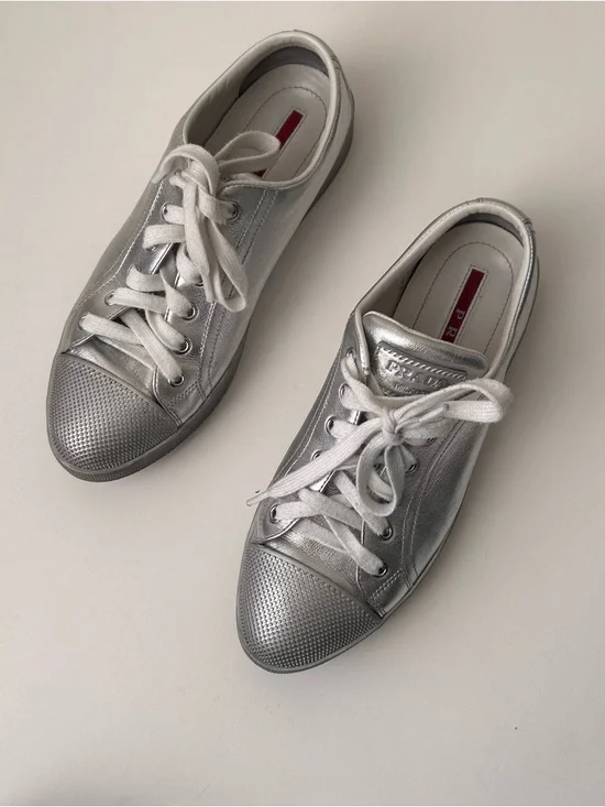 Prada Silver Low-Top Lace-Up Sneakers - Picture 2 of 3